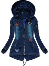 Load image into Gallery viewer, Denim Patch Hooded Long Sleeve Coat