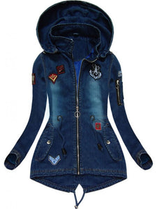 Denim Patch Hooded Long Sleeve Coat