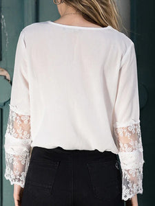 Solid Color Lace V-Neck Trumpet Long Sleeve Shirt