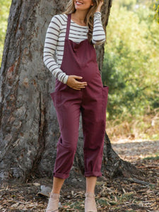 Solid Color Pocket Casual Maternity Overalls