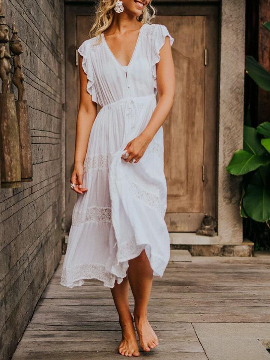 V-neck Boho Fringed  Midi Dress  Sleeveless Lace Dress