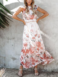 Round Neck Ruffle Print Maxi Dress