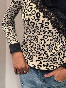 Leopard Print Paneled Turtleneck Long Sleeve Top