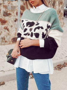 Casual Three-color Mosaic Leopard Sweater