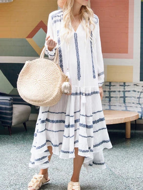 V-Neck Print Loose Long Sleeve Dress