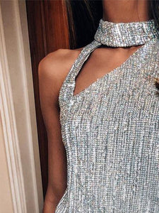 Glitter One Shoulder Cut Out Sequins Blouse