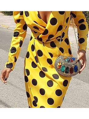 Polka-dot sexy V-neck mid-length dress