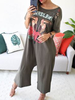 Loose Round Neck Short Sleeve Printed Jumpsuit