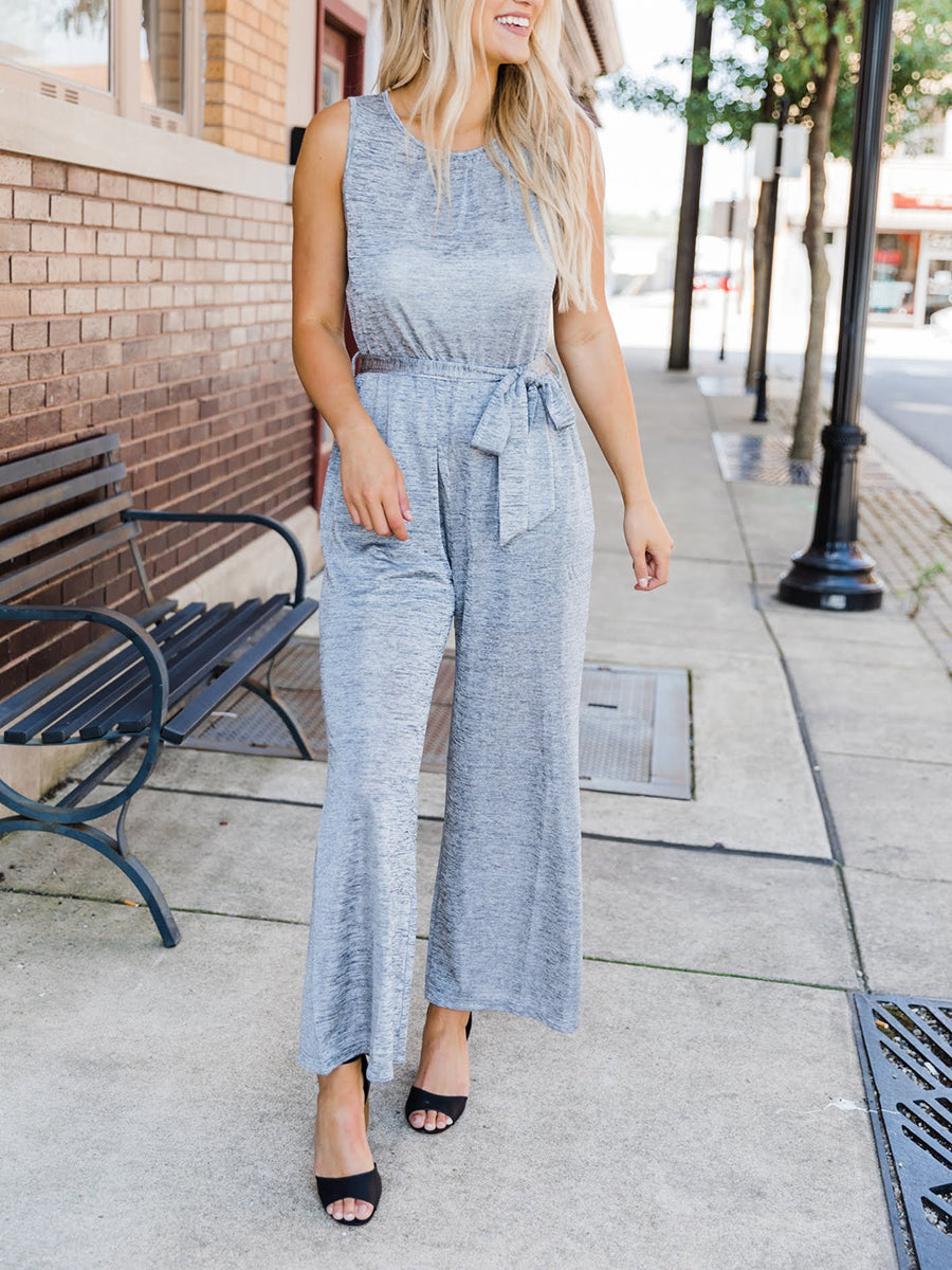 Women Comfy Round Neck Sleeveless Tie Waist Jumpsuit