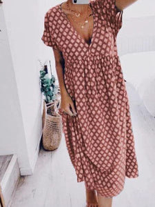 Cotton Geometric Casual V Neck Dresses