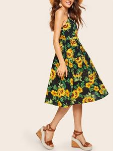 Sling High Waist Button Up Sunflower Print Midi Dress