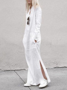 Casual Loose Long Sleeve V-Neck Pocket Linen Maxi Dress