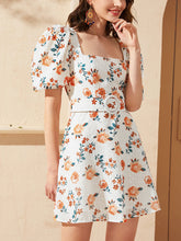 Load image into Gallery viewer, Puff Sleeve Floral Print Belted Schiffy Mini Dress