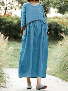 Loose Casual Round Neck Cotton and Linen Solid Color Pregnant Women Dress