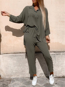 Simple Casual Loose Shirt Pants Two Piece Set