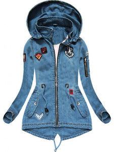 Denim Patch Hooded Long Sleeve Coat