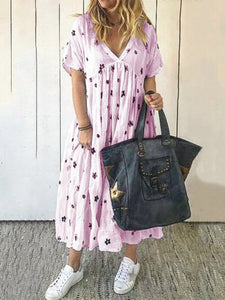 Printed Short-sleeved Casual V-neck Dress