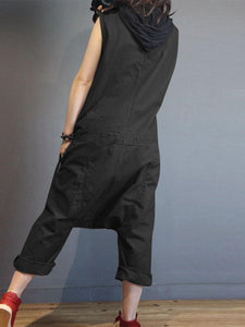 Solid Color Sleeveless V Neck Loose Button Jumpsuit Overalls