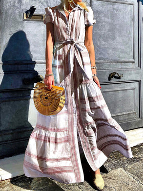 Fashion Striped Print Lapel Dress