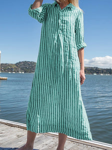 Striped Cotton and Linen Casual Dress