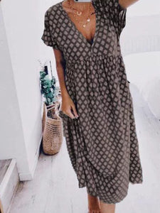 Cotton Geometric Casual V Neck Dresses