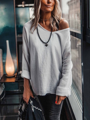 V-Neck Solid Color Long Sleeve T-Shirt