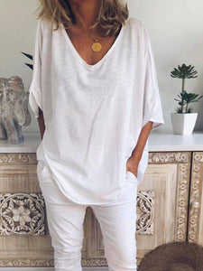 V Neck Plain Short Sleeve Blouse