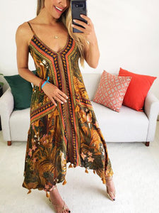 V-neck Bohemian Fringed Halter Maxi Dress