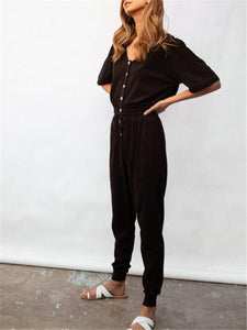 Comfortable Casual Solid Color V Neck Button Jumpsuits