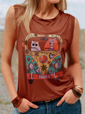 Round Neck Print Sleeveless T-Shirt