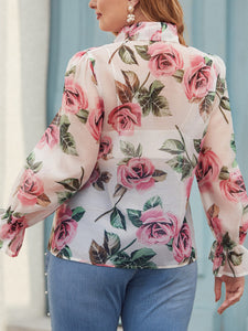 Plus Size Floral Print Tie Neck Sheer Blouse