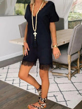 Load image into Gallery viewer, V-Neck Short Sleeve Lace Trim Jumpsuit