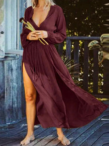 Long Sleeve V-Neck Swing Solid Color Vacation Dress