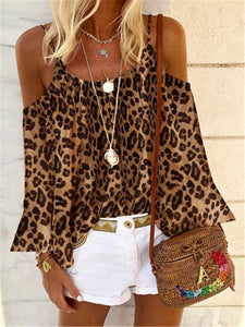 Casual Round Neck Off Shoulder Leopard Print T-Shirts