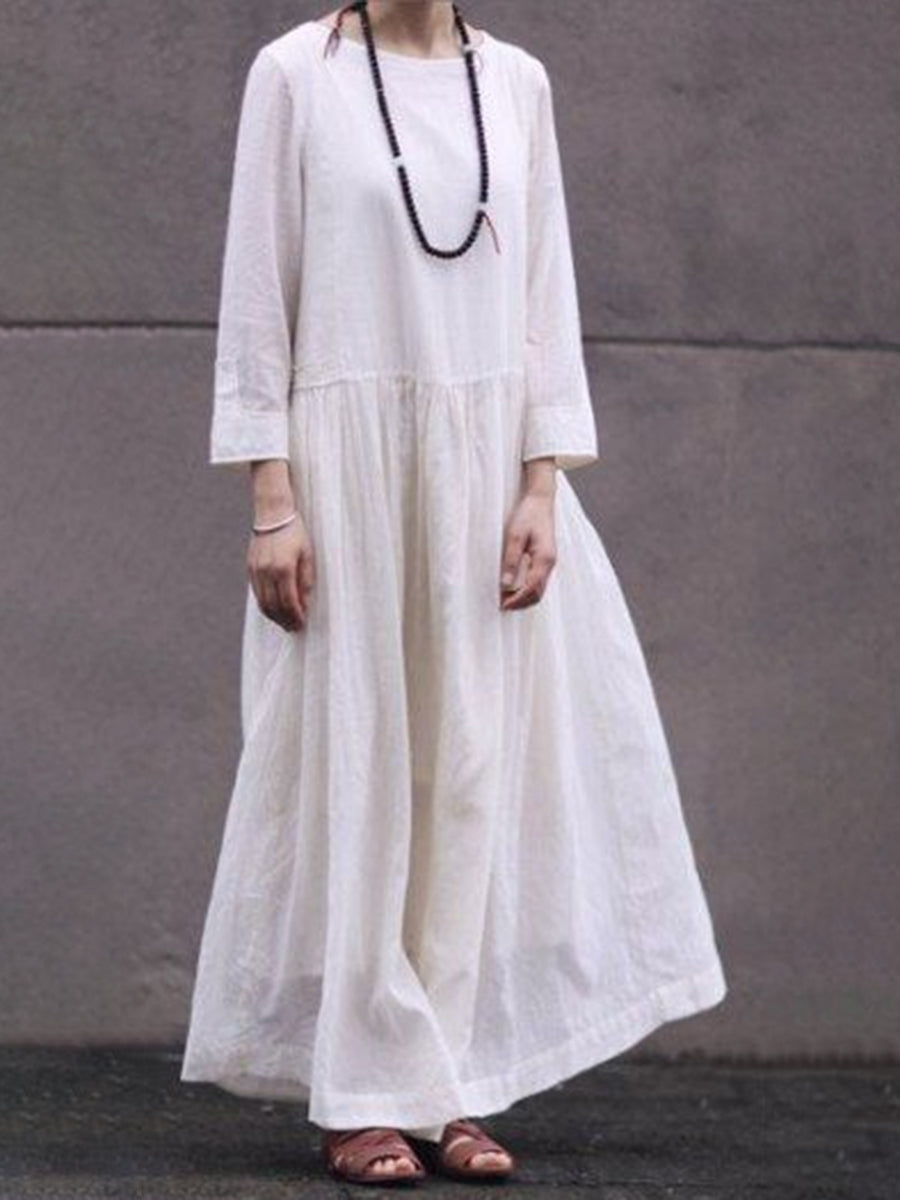 Round Neck Cotton Linen Casual Long Sleeve Dress