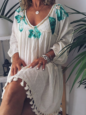 Printed V-Neck Long Sleeve Dress