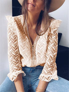 Sexy Openwork Lace V-Neck Shirt