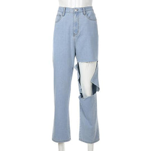 Irregular Knee Ripped High Waisted Jeans Pants