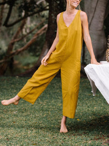 Women V-neck Sleeveless Loose Linen Jumpsuit