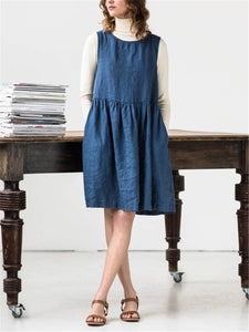 Fashion Solid Color Casual Cotton Linen Sleeveless Midi Dresses