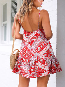 Low-neck Strap Print Mini Dress