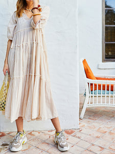 Boho Mid-sleeved Tassel V-neck Loose Midi Dress