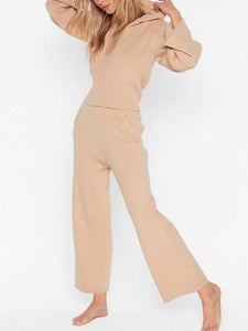 Hooded Solid Color Loose Casual Knit Two-Piece Suit