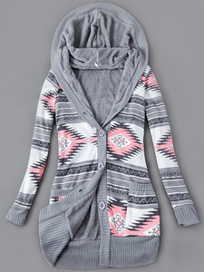 Casual Geometric Outerwear Buttoned Knitted Coat