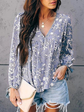 Printed Folds V-Neck Long Sleeve Shirt