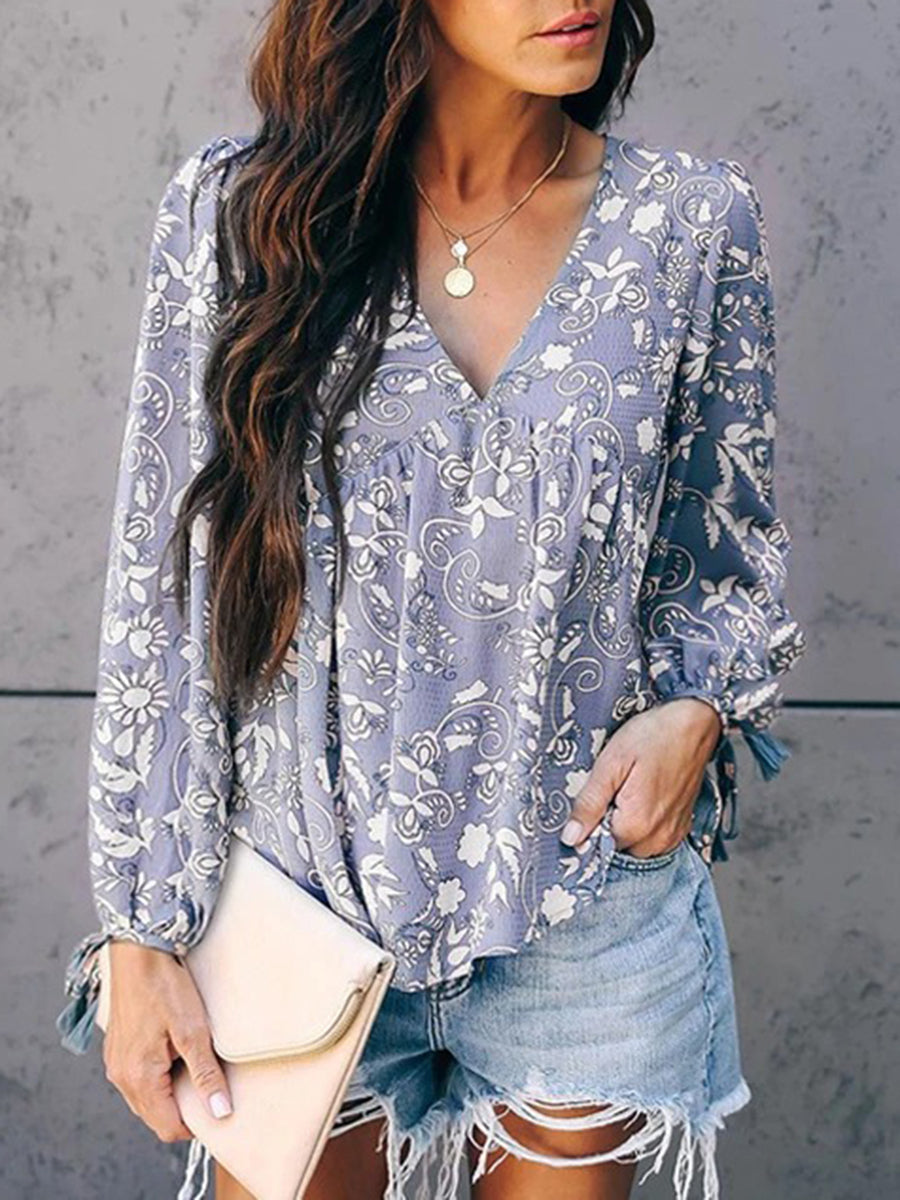 Printed Folds V-Neck Long Sleeve Shirt