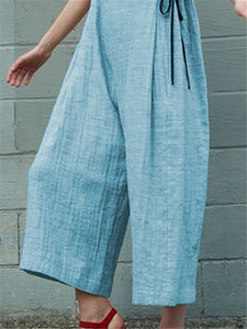 Solid Color Cotton Linen Sleeveless Wide Leg Jumpsuits