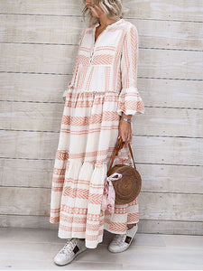 Bohemian Fashion Loose V-Neck Button Casual Dress