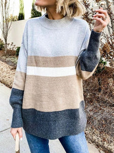 Gray Long Sleeve Round Neck Striped Knitted Tops