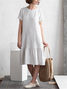 Fashion Cotton Linen Striped Stitching Loose Midi Dresses